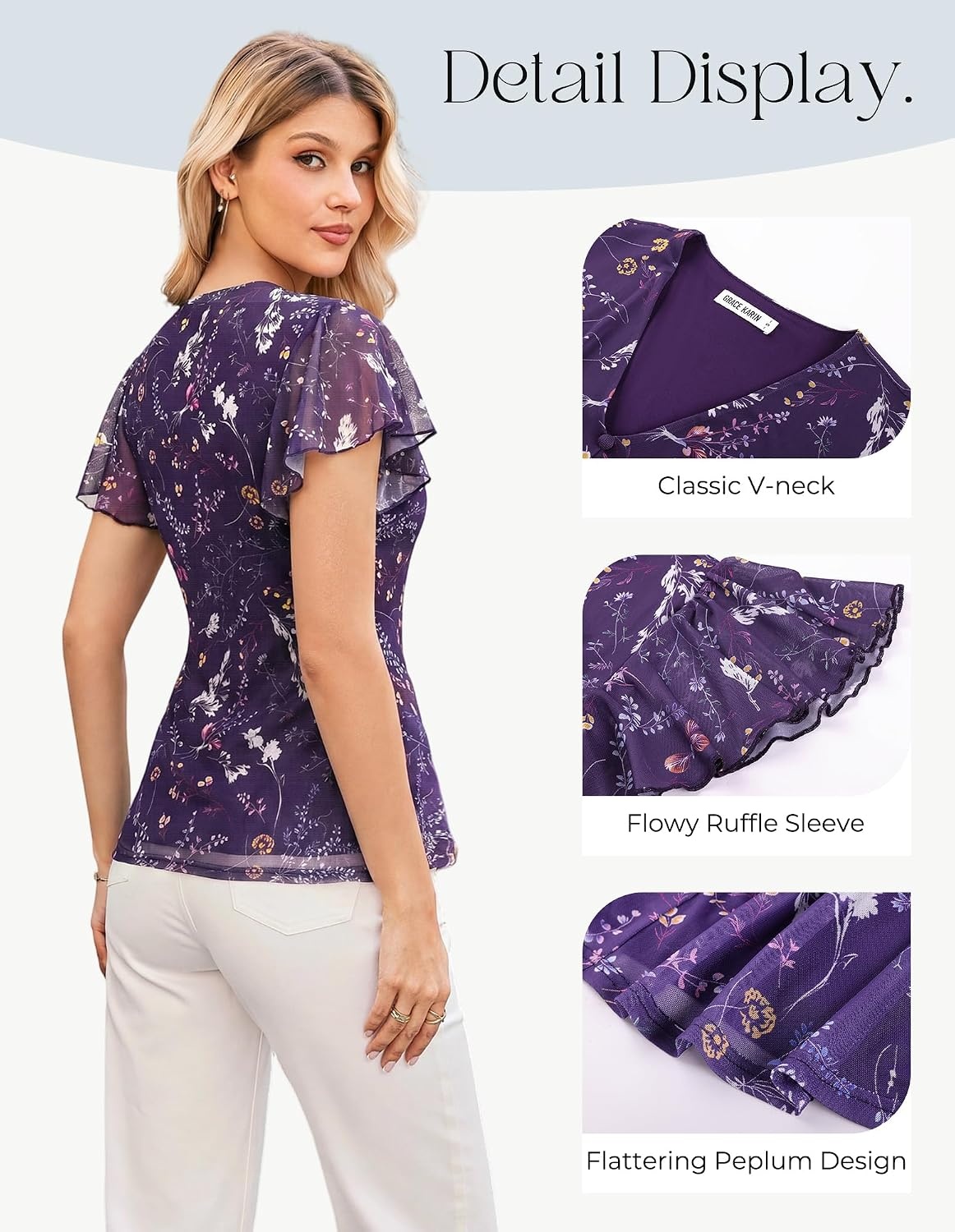 image:imageGRACE KARIN Women Boho Mesh Blouses Dressy Casual Peplum Tops Ruffle Short Sleeve Floral Shirts V Neck Business Work Outfits 2026 Summer Fashion ClothingPurple Floral