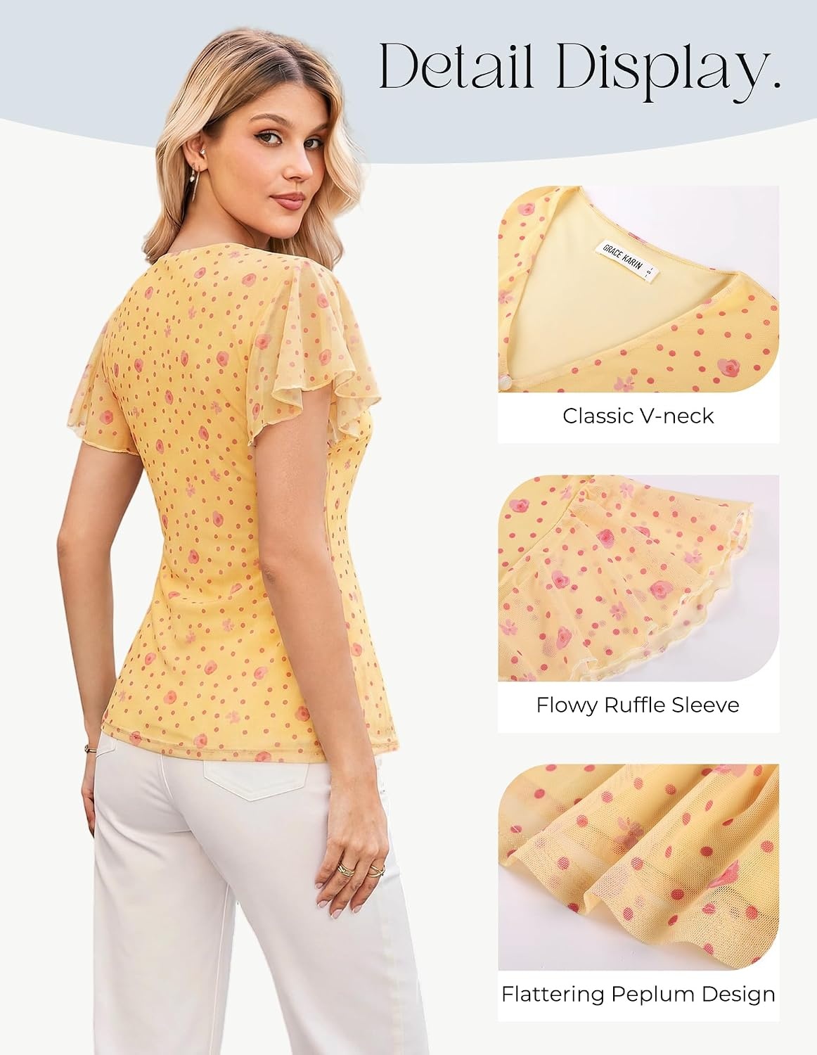 image:imageGRACE KARIN Women Boho Mesh Blouses Dressy Casual Peplum Tops Ruffle Short Sleeve Floral Shirts V Neck Business Work Outfits 2026 Summer Fashion ClothingYellow Pink Floral