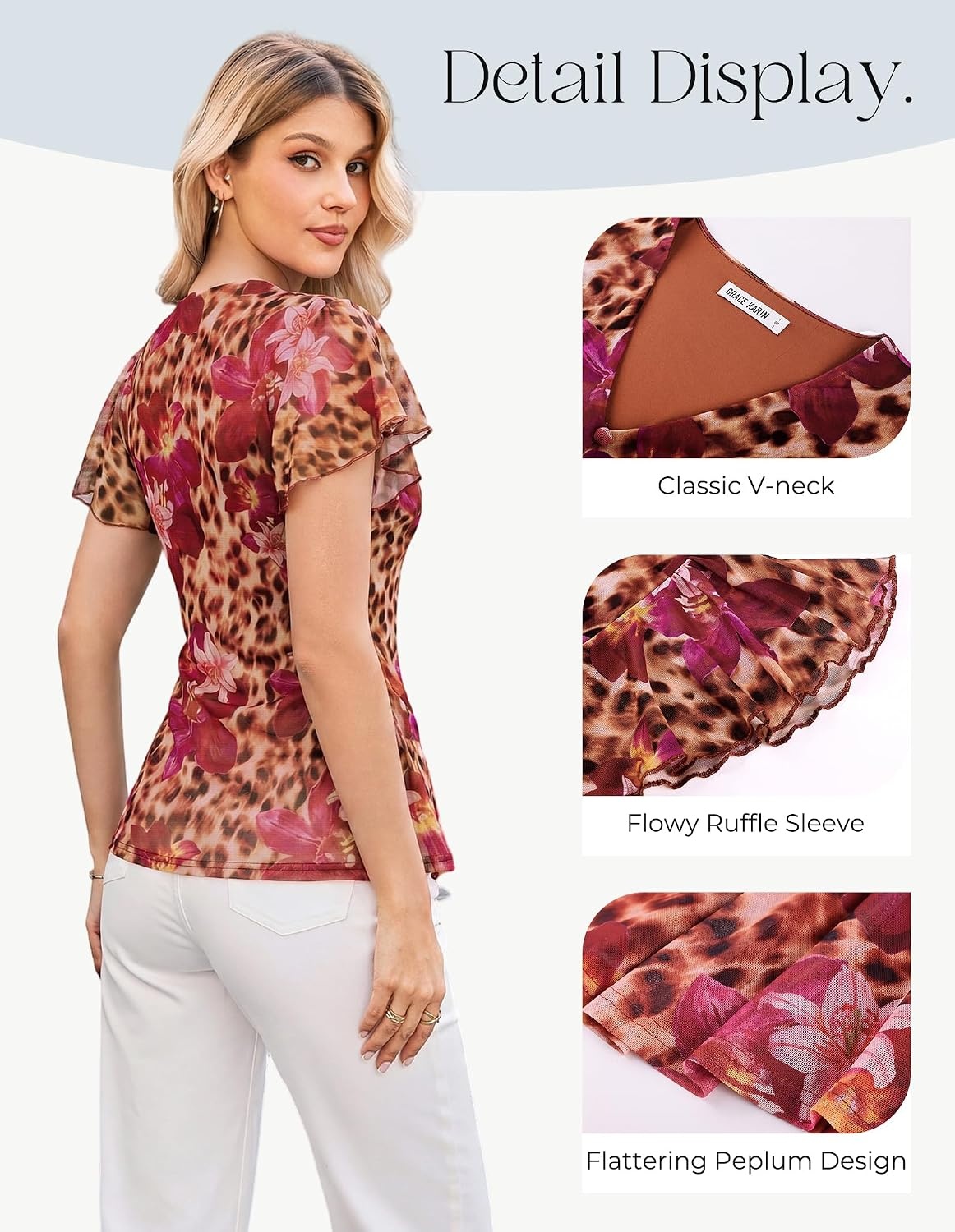 image:imageGRACE KARIN Women Boho Mesh Blouses Dressy Casual Peplum Tops Ruffle Short Sleeve Floral Shirts V Neck Business Work Outfits 2026 Summer Fashion ClothingLeopard Floral