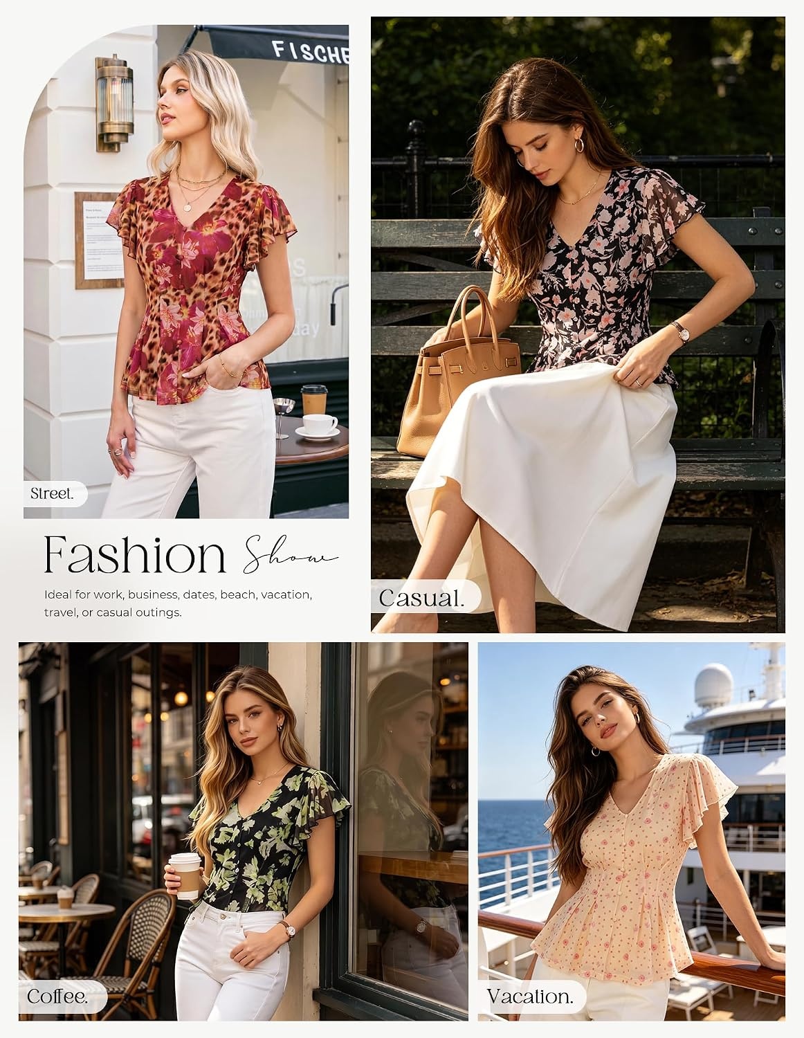 image:imageGRACE KARIN Women Boho Mesh Blouses Dressy Casual Peplum Tops Ruffle Short Sleeve Floral Shirts V Neck Business Work Outfits 2026 Summer Fashion ClothingPink Blue Floral