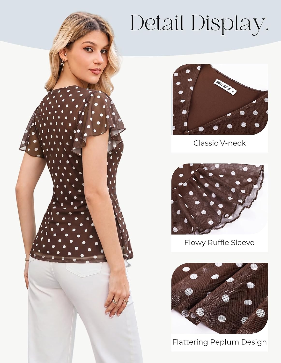 image:imageGRACE KARIN Women Boho Mesh Blouses Dressy Casual Peplum Tops Ruffle Short Sleeve Floral Shirts V Neck Business Work Outfits 2026 Summer Fashion ClothingBrown Polka Dots