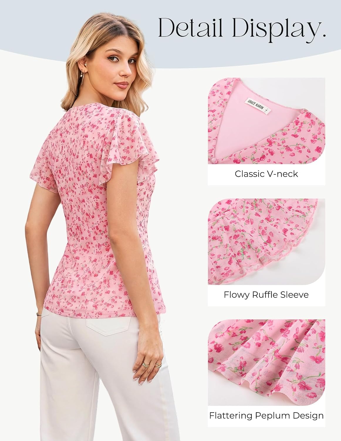 image:imageGRACE KARIN Women Boho Mesh Blouses Dressy Casual Peplum Tops Ruffle Short Sleeve Floral Shirts V Neck Business Work Outfits 2026 Summer Fashion ClothingPink Floral
