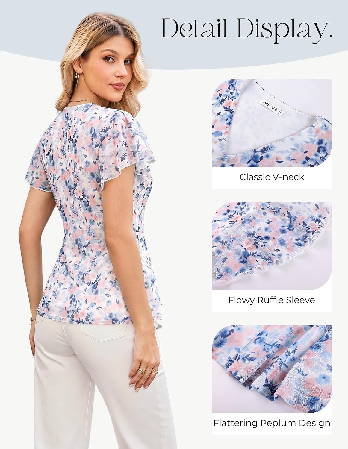 image:imageGRACE KARIN Women Boho Mesh Blouses Dressy Casual Peplum Tops Ruffle Short Sleeve Floral Shirts V Neck Business Work Outfits 2026 Summer Fashion ClothingGray Blue Floral