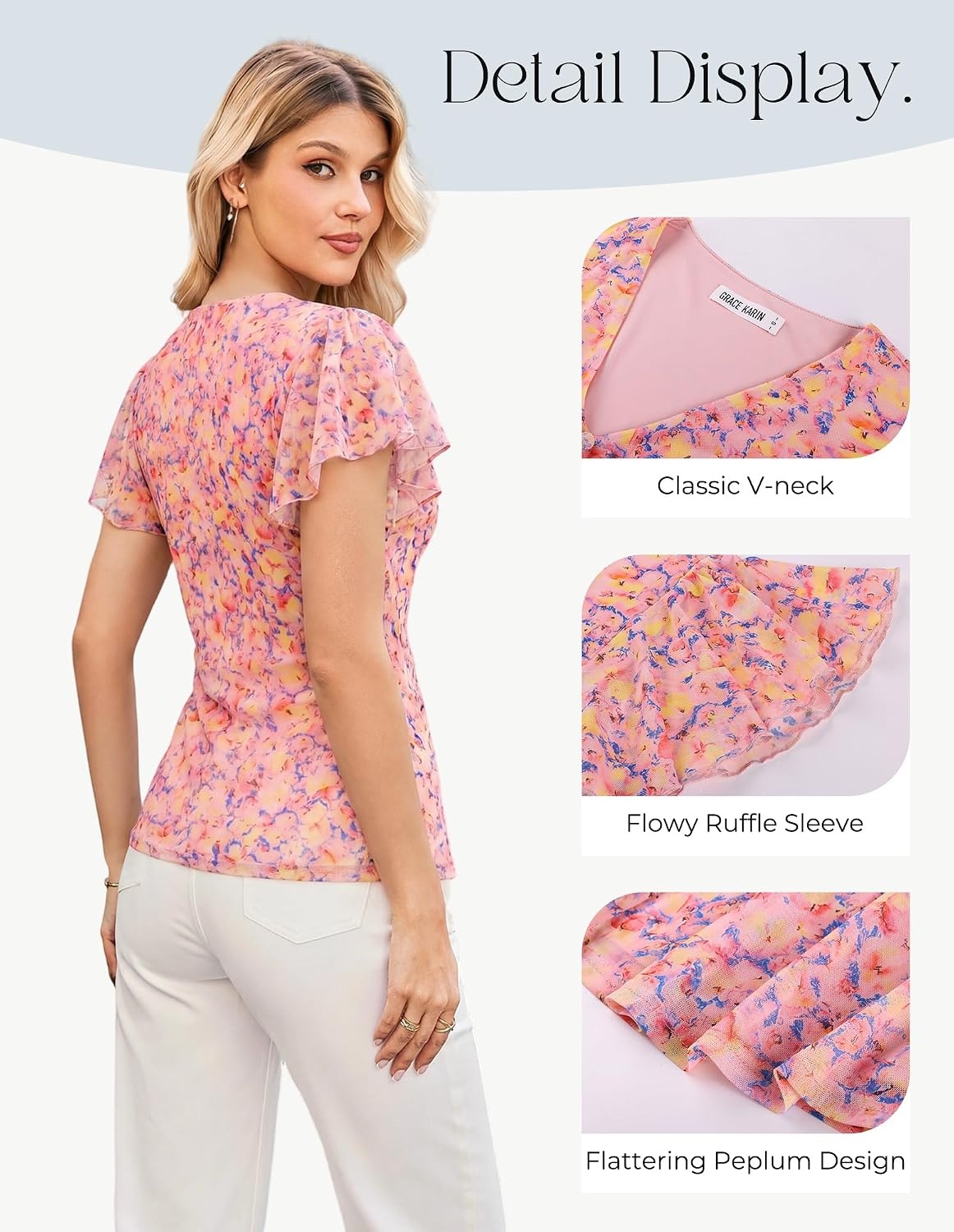 image:imageGRACE KARIN Women Boho Mesh Blouses Dressy Casual Peplum Tops Ruffle Short Sleeve Floral Shirts V Neck Business Work Outfits 2026 Summer Fashion ClothingPink Blue Floral