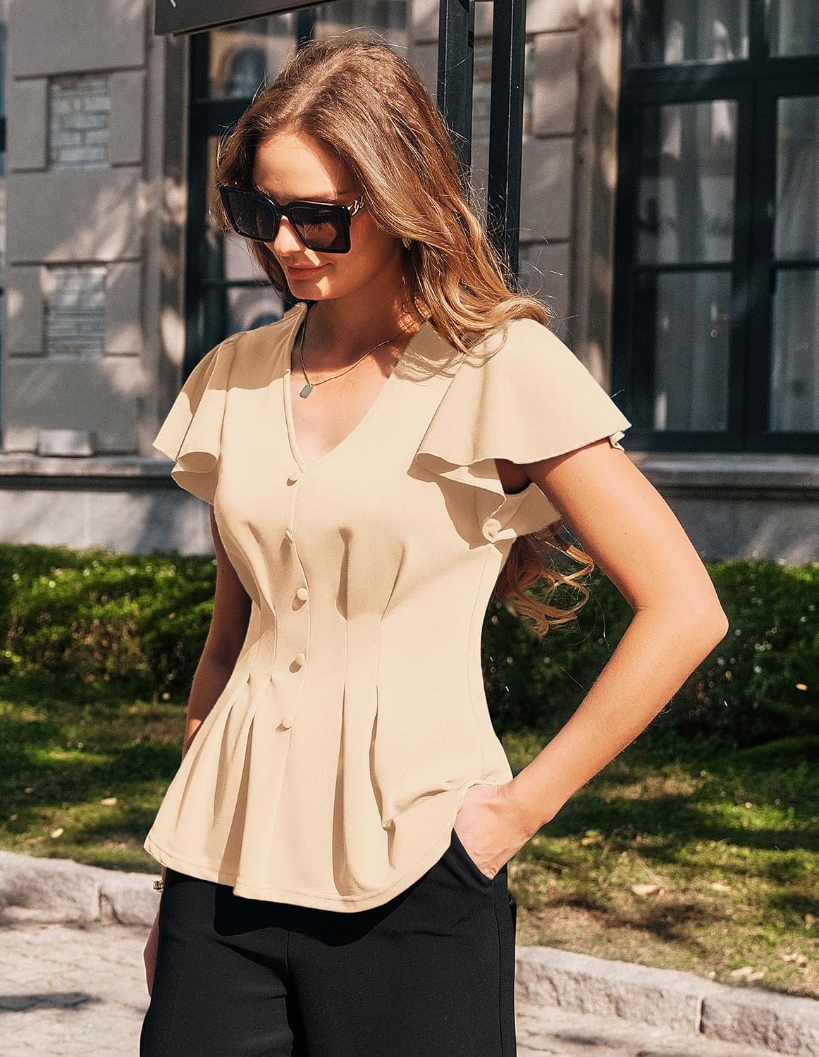 image:imageGRACE KARIN Womens Summer Blouses Dressy Casual Ruffle Peplum Tops V Neck Flutter Sleeve Shirts Summer Fashion Outfits Business Work TopsApricot