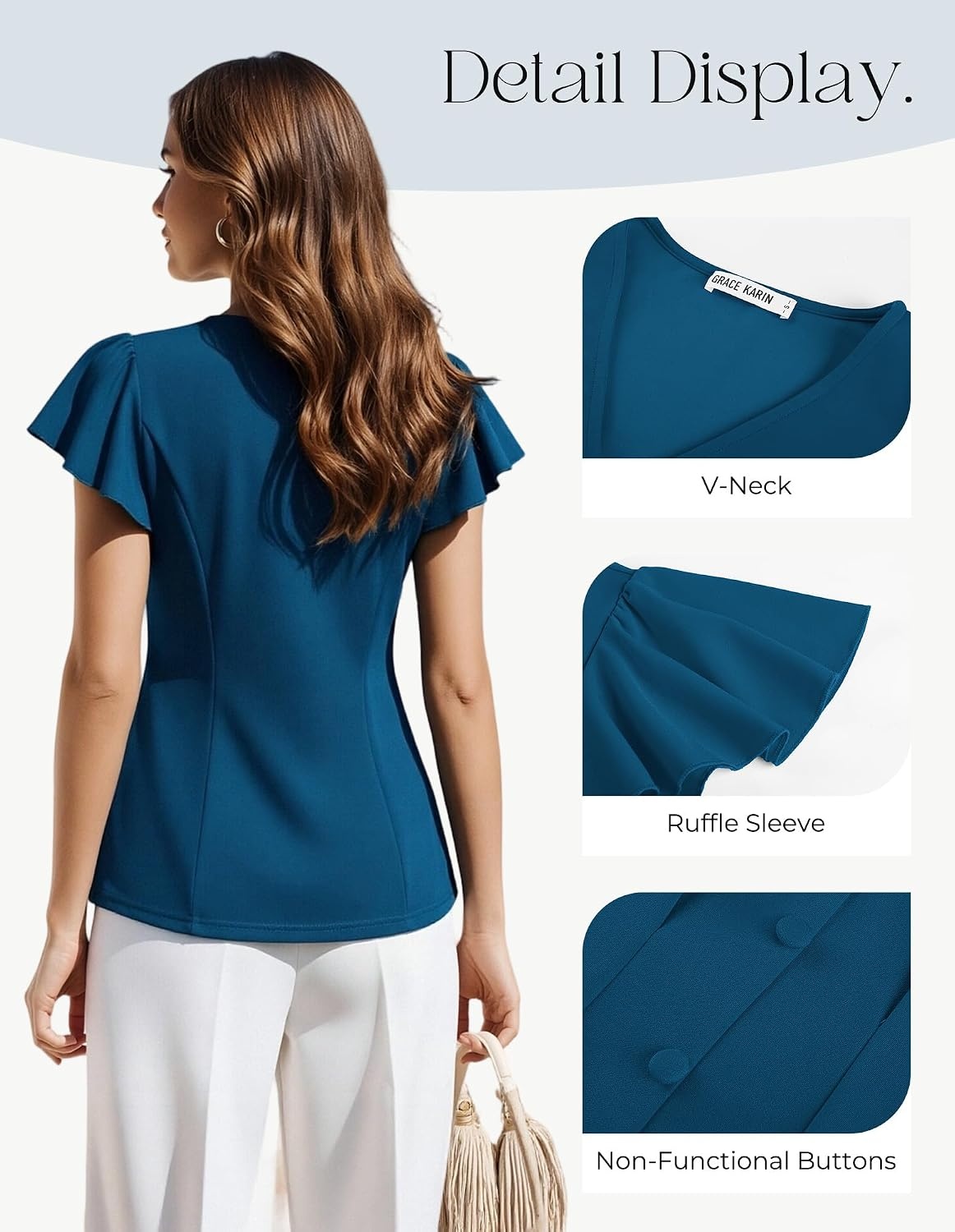 image:imageGRACE KARIN Womens Summer Blouses Dressy Casual Ruffle Peplum Tops V Neck Flutter Sleeve Shirts Summer Fashion Outfits Business Work TopsBlue