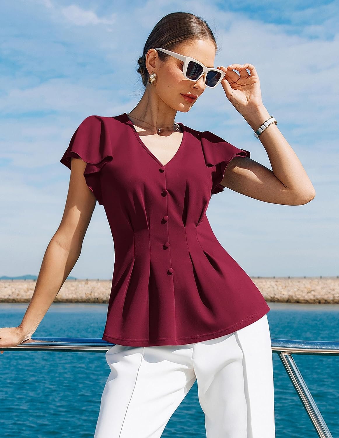 image:imageGRACE KARIN Womens Summer Blouses Dressy Casual Ruffle Peplum Tops V Neck Flutter Sleeve Shirts Summer Fashion Outfits Business Work TopsBurgundy