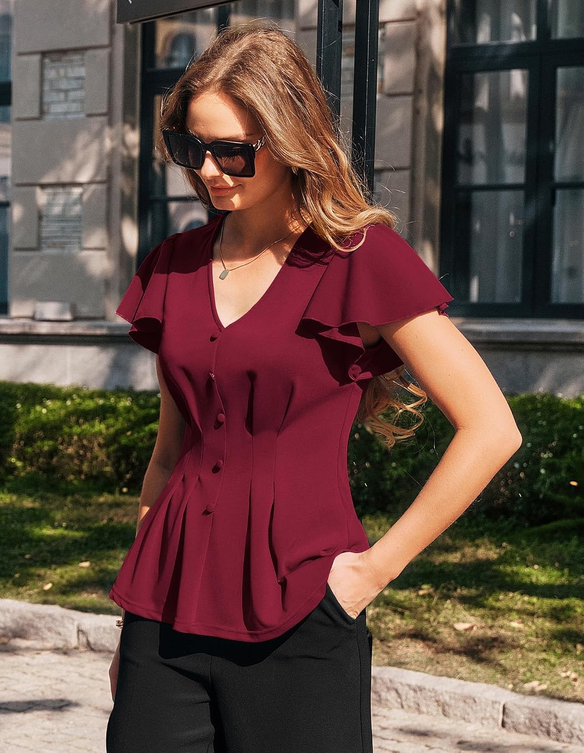 image:imageGRACE KARIN Womens Summer Blouses Dressy Casual Ruffle Peplum Tops V Neck Flutter Sleeve Shirts Summer Fashion Outfits Business Work TopsBurgundy