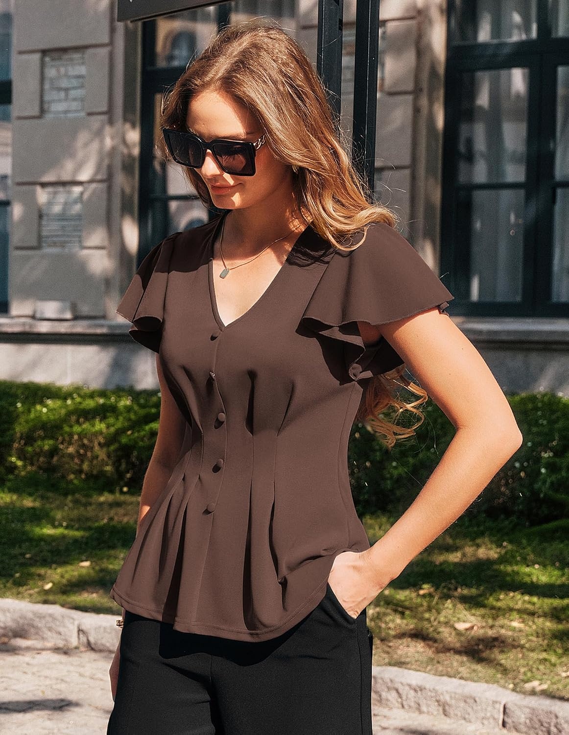 image:imageGRACE KARIN Womens Summer Blouses Dressy Casual Ruffle Peplum Tops V Neck Flutter Sleeve Shirts Summer Fashion Outfits Business Work TopsCoffee