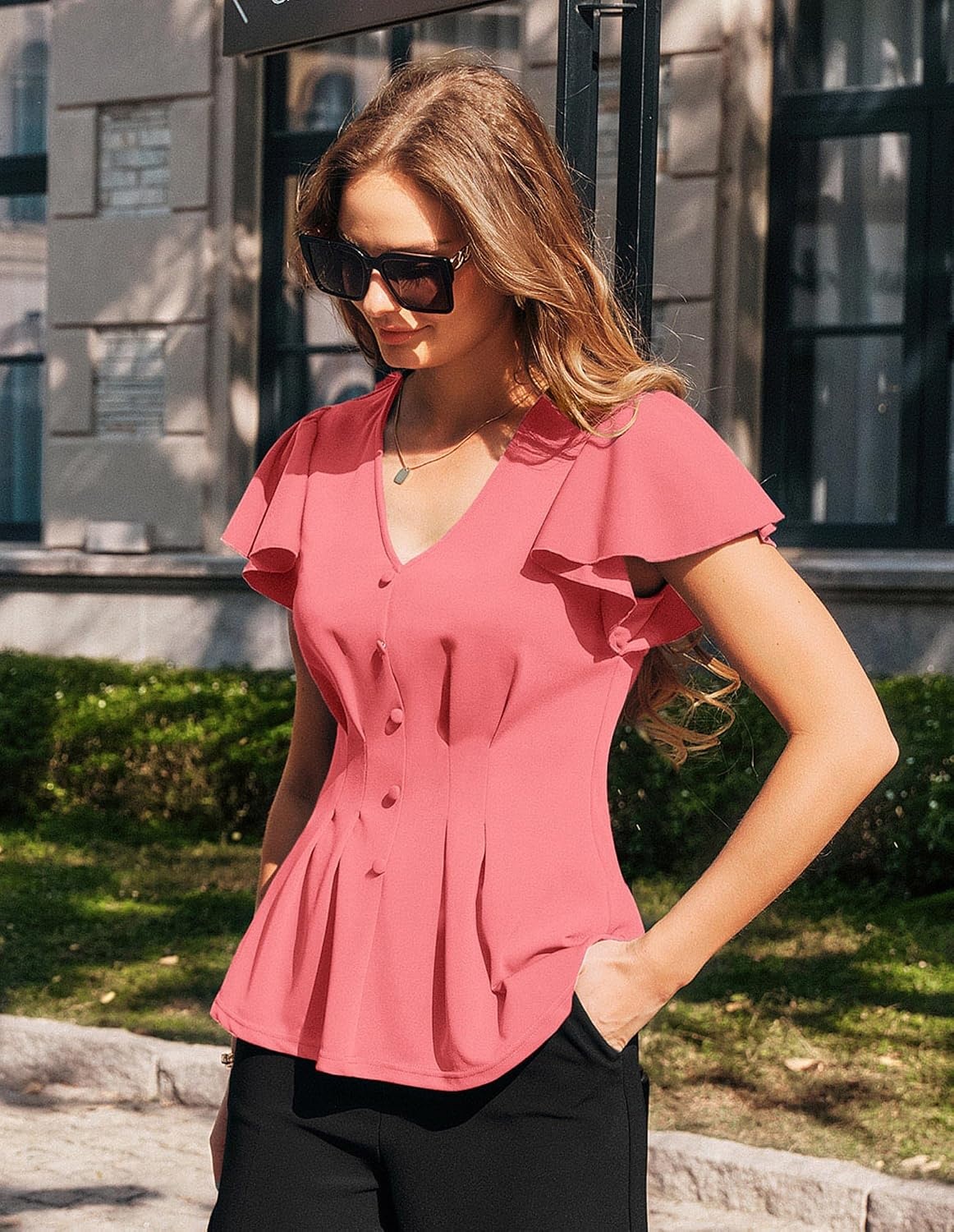image:imageGRACE KARIN Womens Summer Blouses Dressy Casual Ruffle Peplum Tops V Neck Flutter Sleeve Shirts Summer Fashion Outfits Business Work TopsCoral