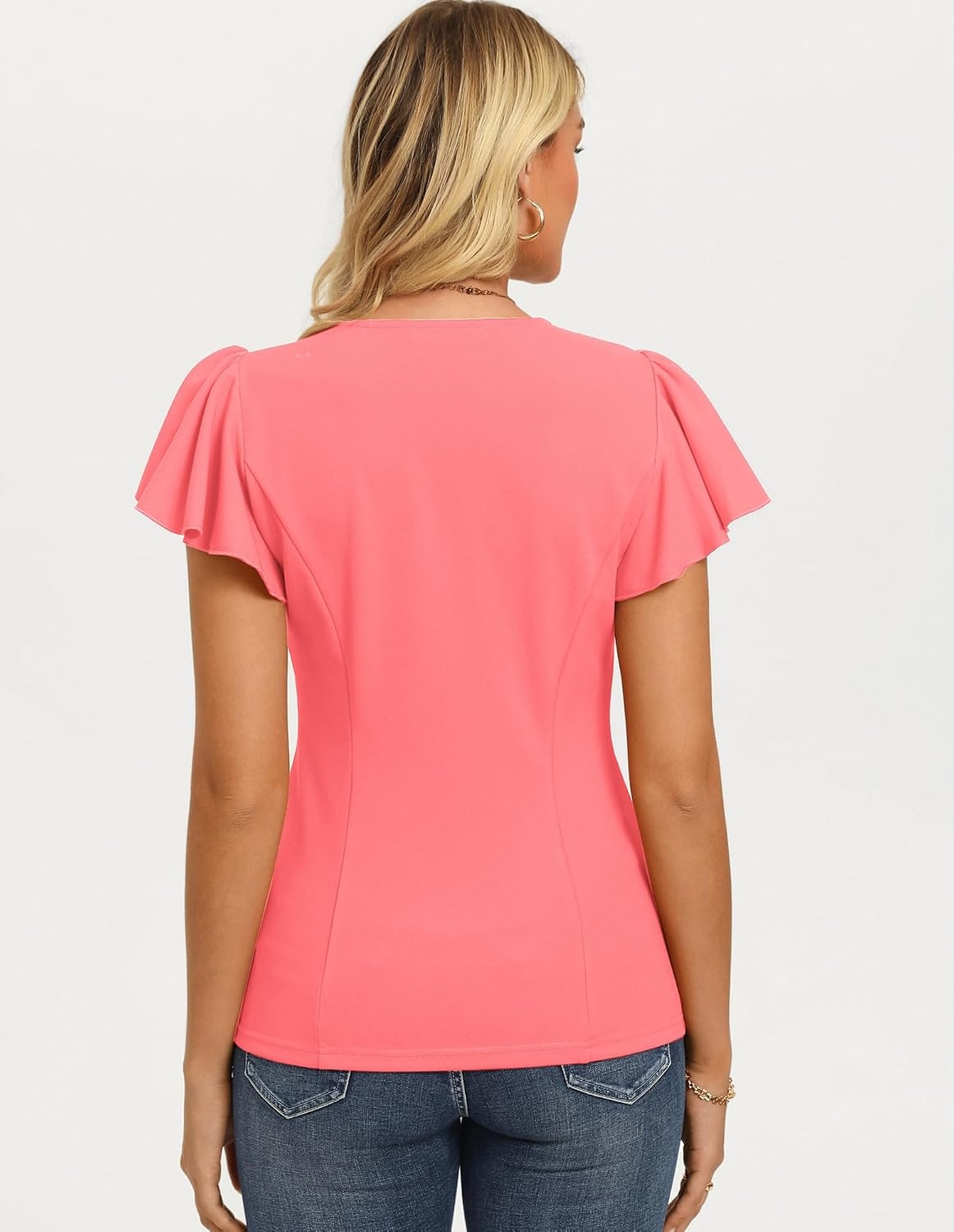 image:imageGRACE KARIN Womens Summer Blouses Dressy Casual Ruffle Peplum Tops V Neck Flutter Sleeve Shirts Summer Fashion Outfits Business Work TopsCoral