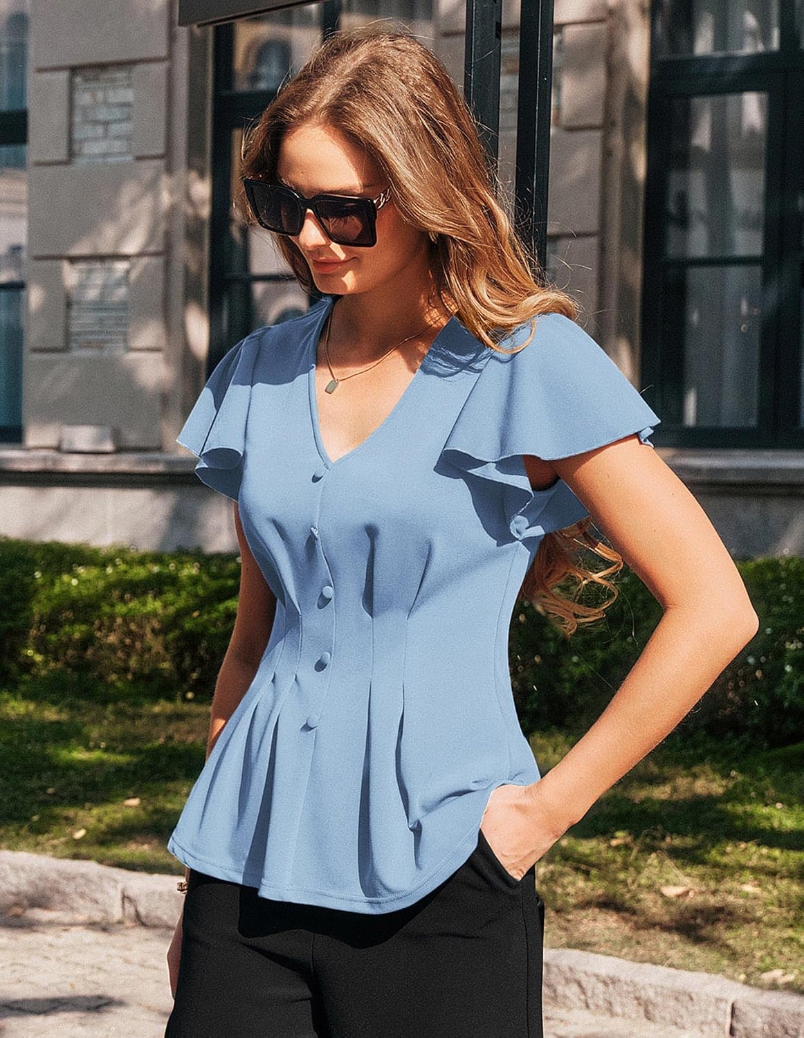 image:imageGRACE KARIN Womens Summer Blouses Dressy Casual Ruffle Peplum Tops V Neck Flutter Sleeve Shirts Summer Fashion Outfits Business Work TopsLight Blue
