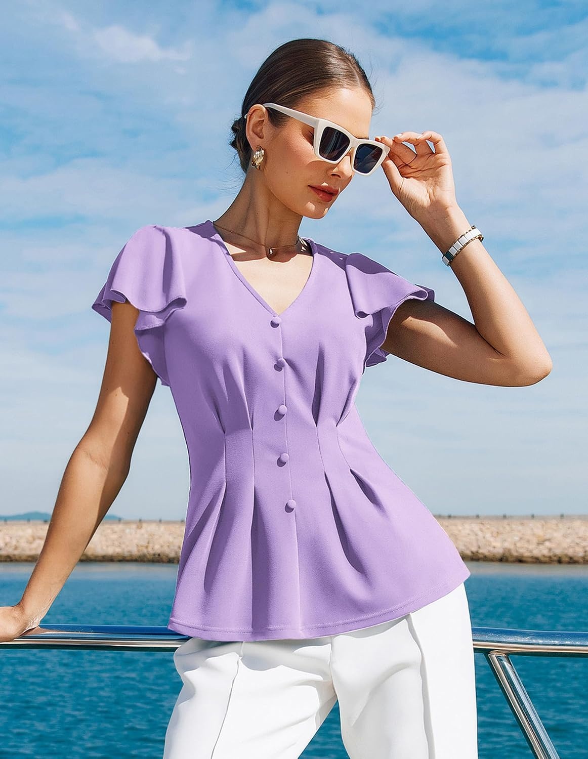 image:imageGRACE KARIN Womens Summer Blouses Dressy Casual Ruffle Peplum Tops V Neck Flutter Sleeve Shirts Summer Fashion Outfits Business Work TopsLight Purple