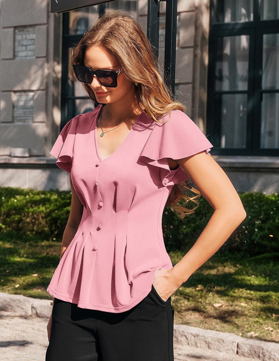 image:imageGRACE KARIN Womens Summer Blouses Dressy Casual Ruffle Peplum Tops V Neck Flutter Sleeve Shirts Summer Fashion Outfits Business Work TopsPink