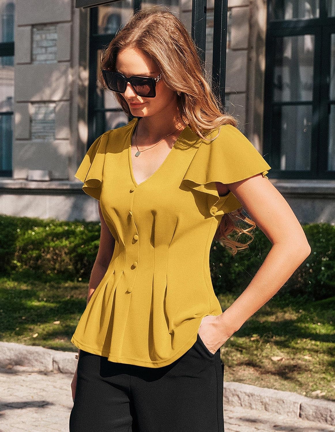 image:imageGRACE KARIN Womens Summer Blouses Dressy Casual Ruffle Peplum Tops V Neck Flutter Sleeve Shirts Summer Fashion Outfits Business Work TopsYellow