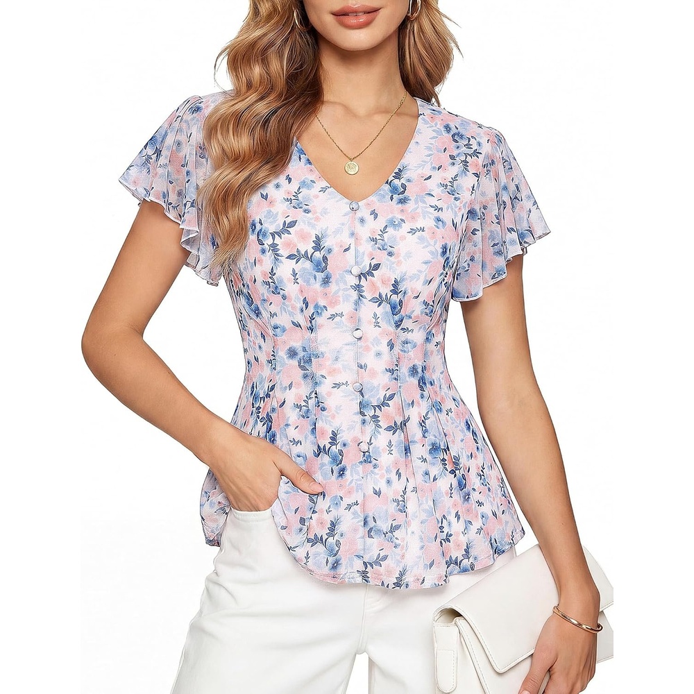 image:imageGRACE KARIN Women Boho Mesh Blouses Dressy Casual Peplum Tops Ruffle Short Sleeve Floral Shirts V Neck Business Work Outfits 2026 Summer Fashion ClothingGray Blue Floral