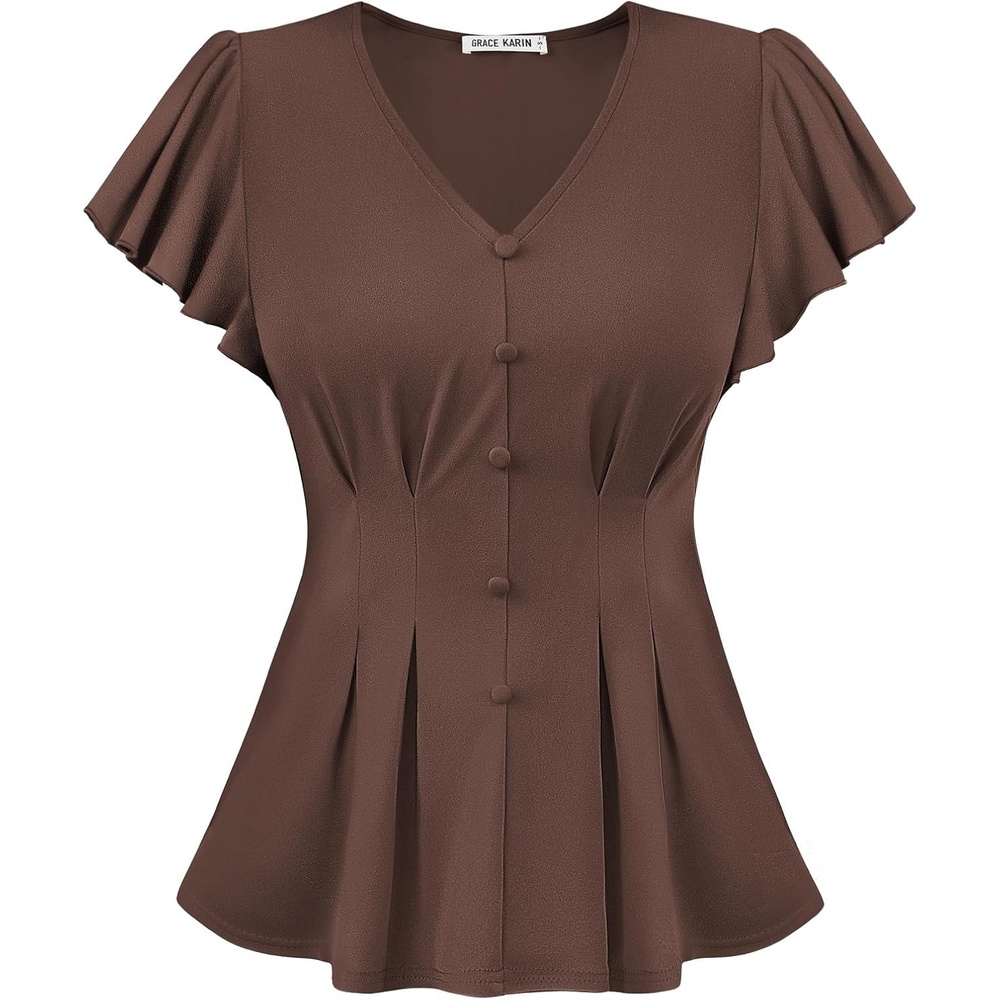 image:imageGRACE KARIN Womens Summer Blouses Dressy Casual Ruffle Peplum Tops V Neck Flutter Sleeve Shirts Summer Fashion Outfits Business Work TopsCoffee