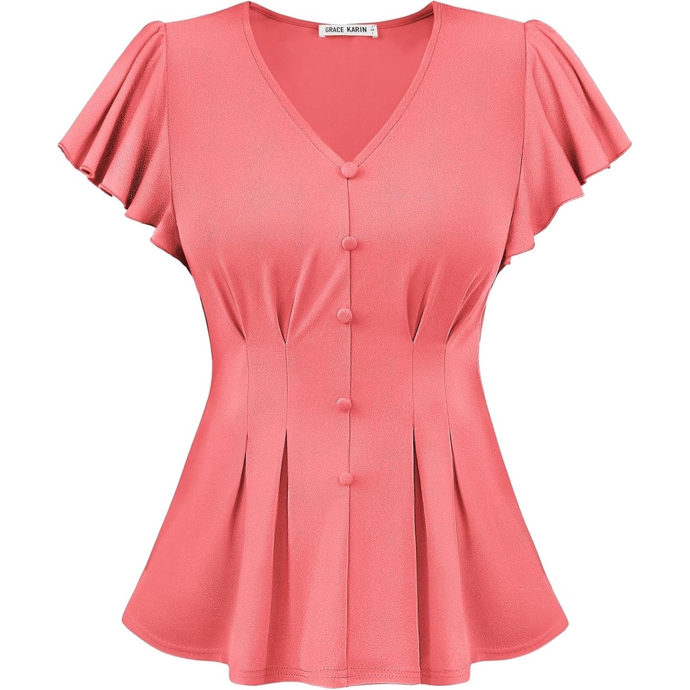 image:imageGRACE KARIN Womens Summer Blouses Dressy Casual Ruffle Peplum Tops V Neck Flutter Sleeve Shirts Summer Fashion Outfits Business Work TopsCoral