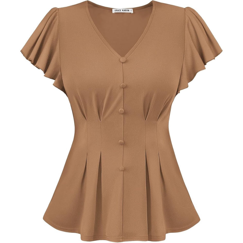 image:imageGRACE KARIN Womens Summer Blouses Dressy Casual Ruffle Peplum Tops V Neck Flutter Sleeve Shirts Summer Fashion Outfits Business Work TopsKhaki
