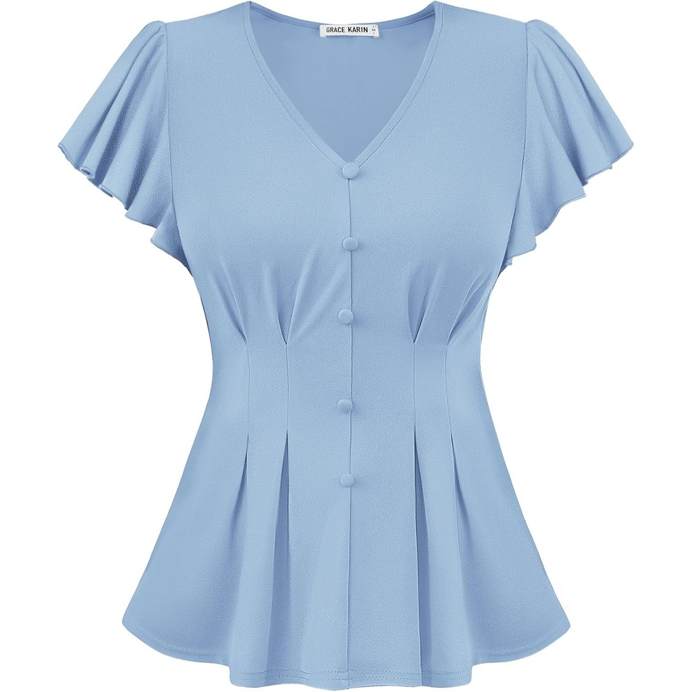 image:imageGRACE KARIN Womens Summer Blouses Dressy Casual Ruffle Peplum Tops V Neck Flutter Sleeve Shirts Summer Fashion Outfits Business Work TopsLight Blue