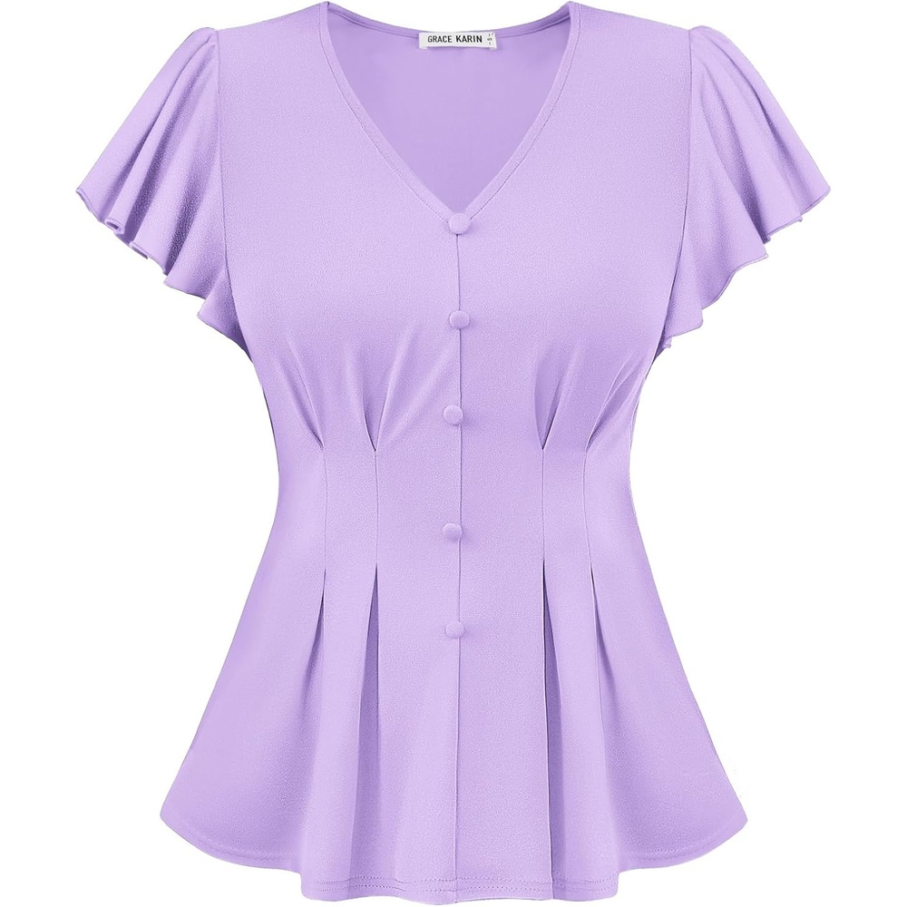 image:imageGRACE KARIN Womens Summer Blouses Dressy Casual Ruffle Peplum Tops V Neck Flutter Sleeve Shirts Summer Fashion Outfits Business Work TopsLight Purple