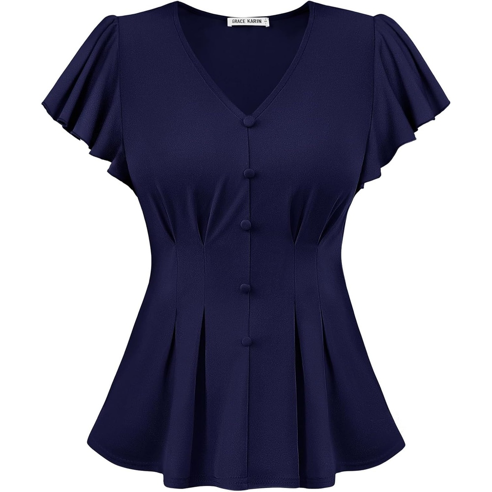 image:imageGRACE KARIN Womens Summer Blouses Dressy Casual Ruffle Peplum Tops V Neck Flutter Sleeve Shirts Summer Fashion Outfits Business Work TopsNavy Blue