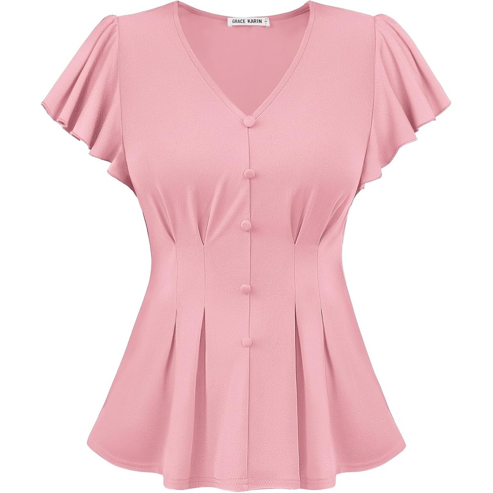 image:imageGRACE KARIN Womens Summer Blouses Dressy Casual Ruffle Peplum Tops V Neck Flutter Sleeve Shirts Summer Fashion Outfits Business Work TopsPink