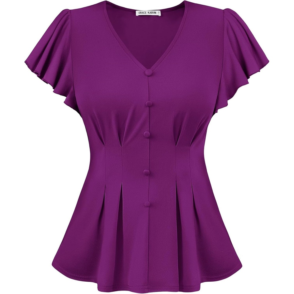image:imageGRACE KARIN Womens Summer Blouses Dressy Casual Ruffle Peplum Tops V Neck Flutter Sleeve Shirts Summer Fashion Outfits Business Work TopsPurple