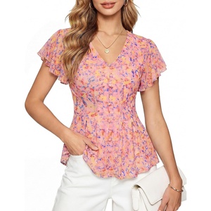 GRACE KARIN Women Boho Mesh Blouses Dressy Casual Peplum Tops | Ruffle Short Sleeve Floral Shirts, V Neck Business Work Outfits, 2026 Summer Fashion Clothing(Pink Blue Floral)