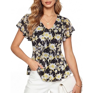 GRACE KARIN Women Boho Mesh Blouses Dressy Casual Peplum Tops | Ruffle Short Sleeve Floral Shirts, V Neck Business Work Outfits, 2026 Summer Fashion Clothing(Black Yellow Floral)