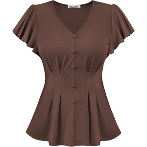 GRACE KARIN Womens Summer Blouses Dressy Casual Ruffle Peplum Tops | V Neck Flutter Sleeve Shirts, Summer Fashion Outfits, Business Work Tops(Coffee)