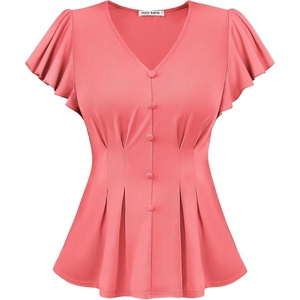 GRACE KARIN Womens Summer Blouses Dressy Casual Ruffle Peplum Tops | V Neck Flutter Sleeve Shirts, Summer Fashion Outfits, Business Work Tops(Coral)