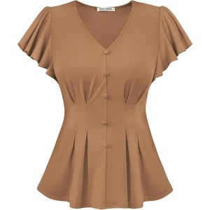 GRACE KARIN Womens Summer Blouses Dressy Casual Ruffle Peplum Tops | V Neck Flutter Sleeve Shirts, Summer Fashion Outfits, Business Work Tops(Khaki)