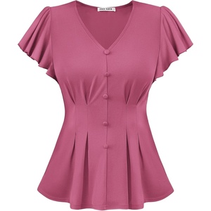GRACE KARIN Womens Summer Blouses Dressy Casual Ruffle Peplum Tops | V Neck Flutter Sleeve Shirts, Summer Fashion Outfits, Business Work Tops(Light Fuchsia)