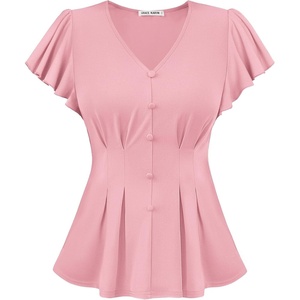 GRACE KARIN Womens Summer Blouses Dressy Casual Ruffle Peplum Tops | V Neck Flutter Sleeve Shirts, Summer Fashion Outfits, Business Work Tops(Pink)