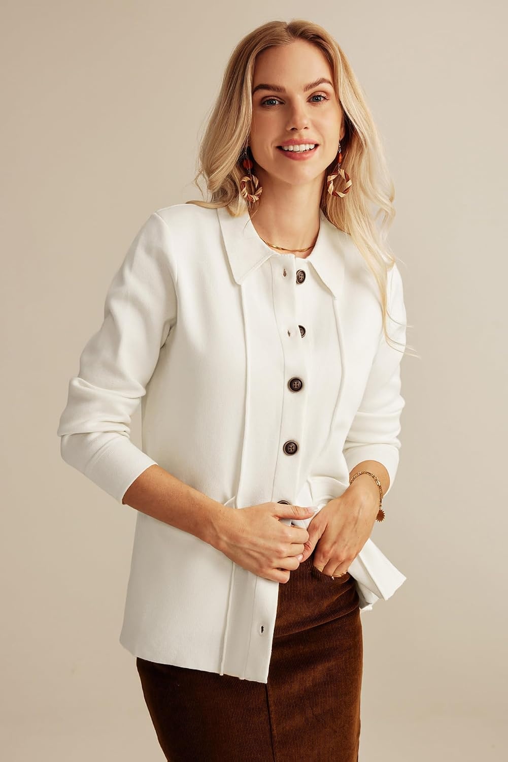 image:imageGRACE KARIN Cardigan Sweaters for Women Casual Knit Tops Button upOpen FrontLong Sleevewith PocketsLapel CollarWarmBusiness CasualIvorywhit