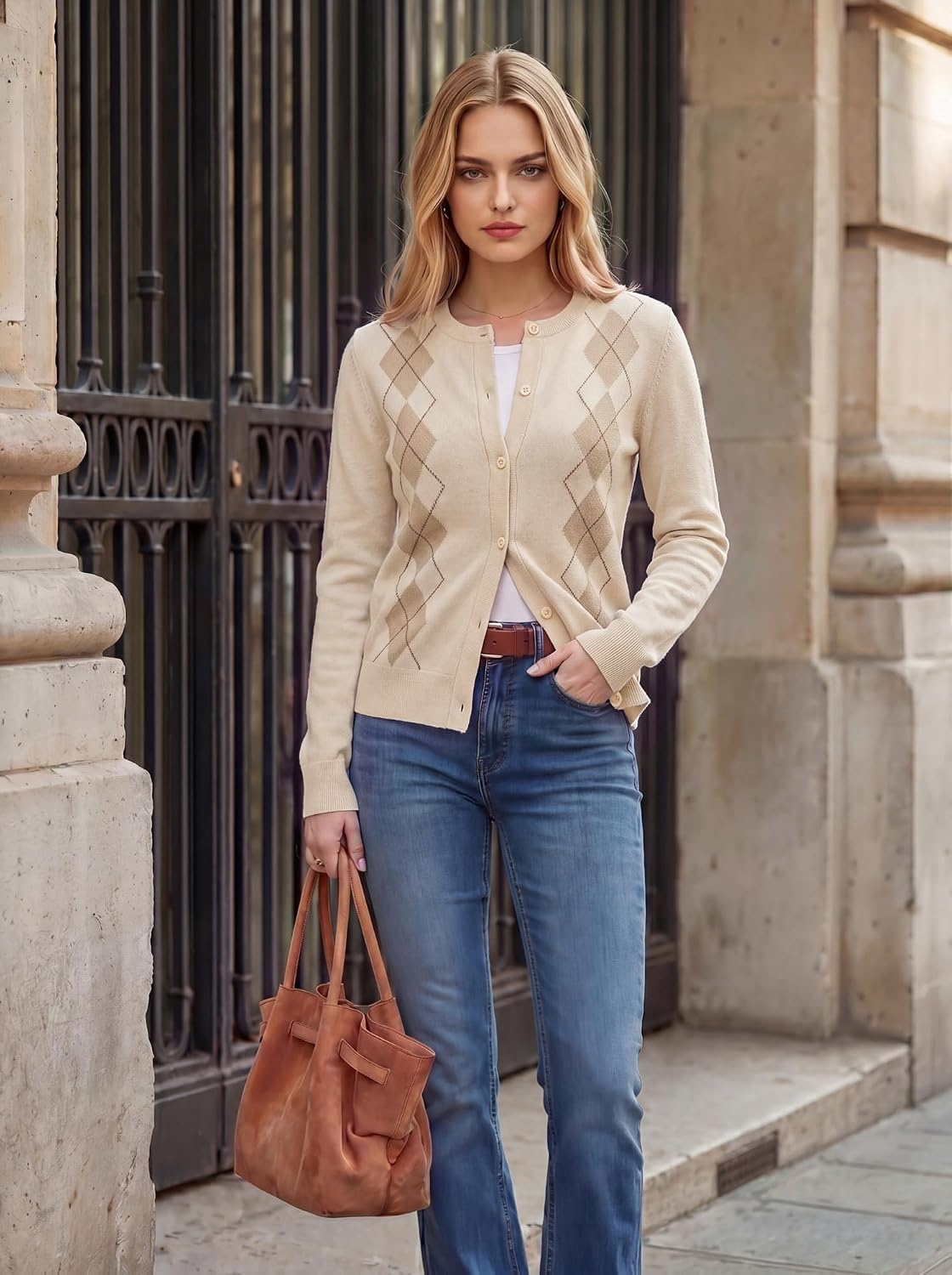 image:imageGRACE KARIN Cardigan for Women Argyle Fall Sweaters Cozy Teacher Outfits Crew Neck Button Up Chunky Cardigan Sweaters Open Front Cute Sweater Long Sleeve Casual Winter Outfits for Work amp OfficeArgyle Beige