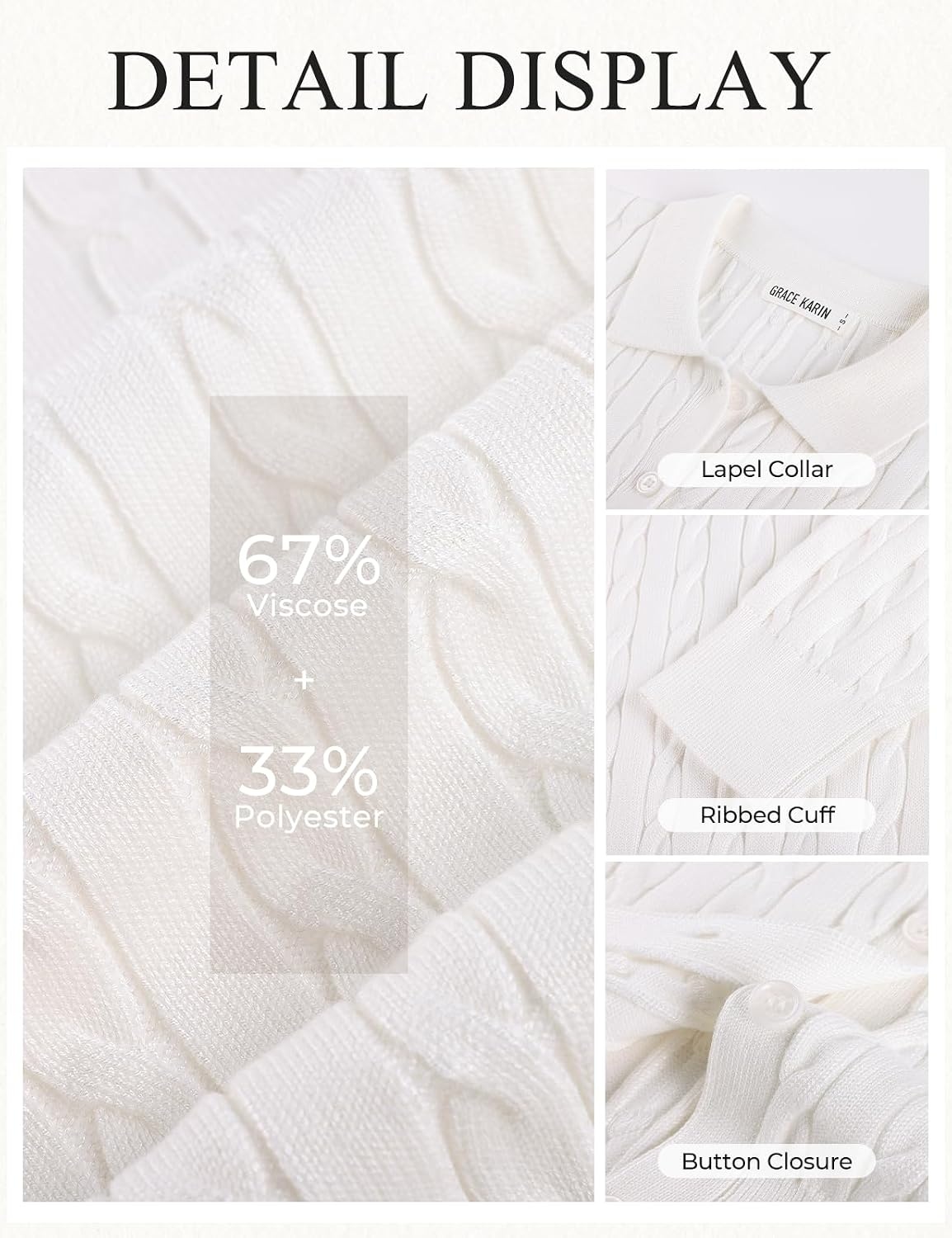 image:imageGRACE KARIN Cardigan for Women Trendy Cable Knit Sweaters 2026 Fall Clothes Cable Knit Collared Fall Cardigan Long Sleeve Business Casual Teacher Outfits Button Down Work Sweater Winter Office WearIvory White