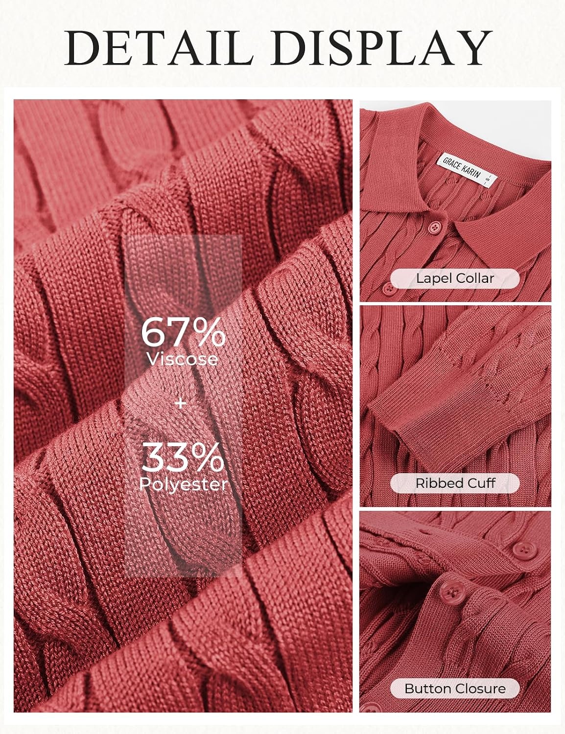 image:imageGRACE KARIN Cardigan for Women Trendy Cable Knit Sweaters 2026 Fall Clothes Cable Knit Collared Fall Cardigan Long Sleeve Business Casual Teacher Outfits Button Down Work Sweater Winter Office WearCoral