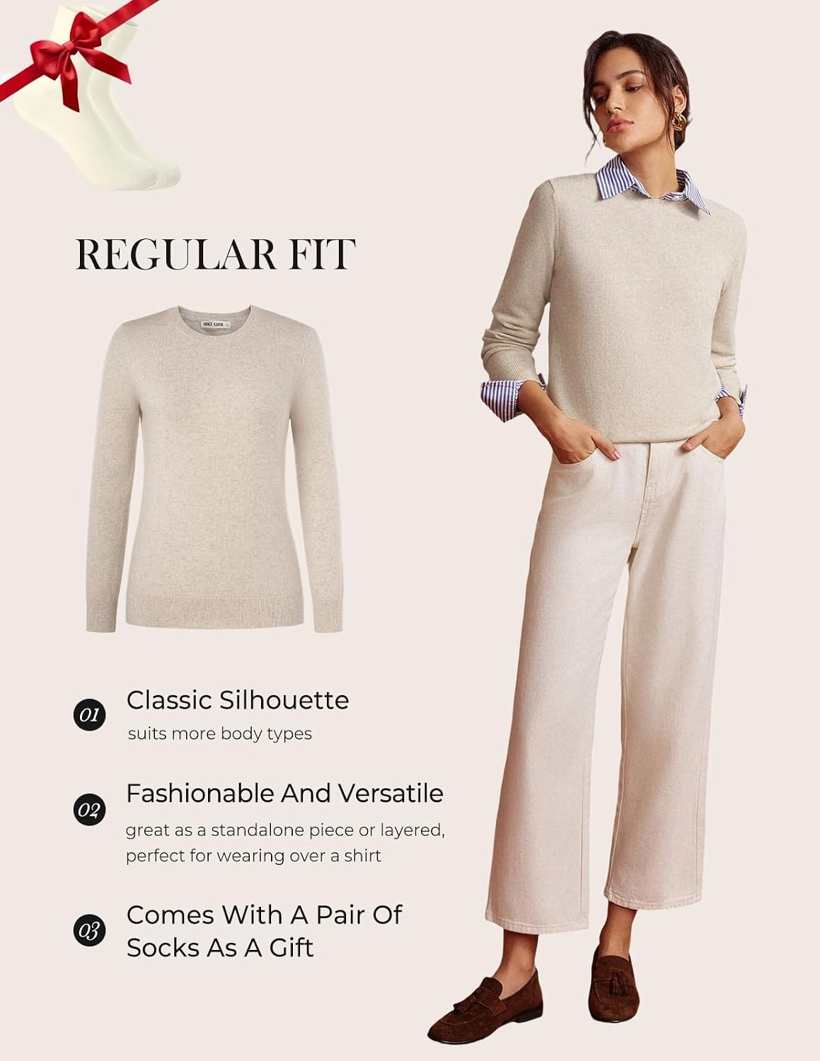 image:imageGRACE KARIN Cashmere Sweaters for Women Lightweight Merino Wool Sweater Cozy Fitted Pullover Fall Fashion 2026 with SocksAlmond
