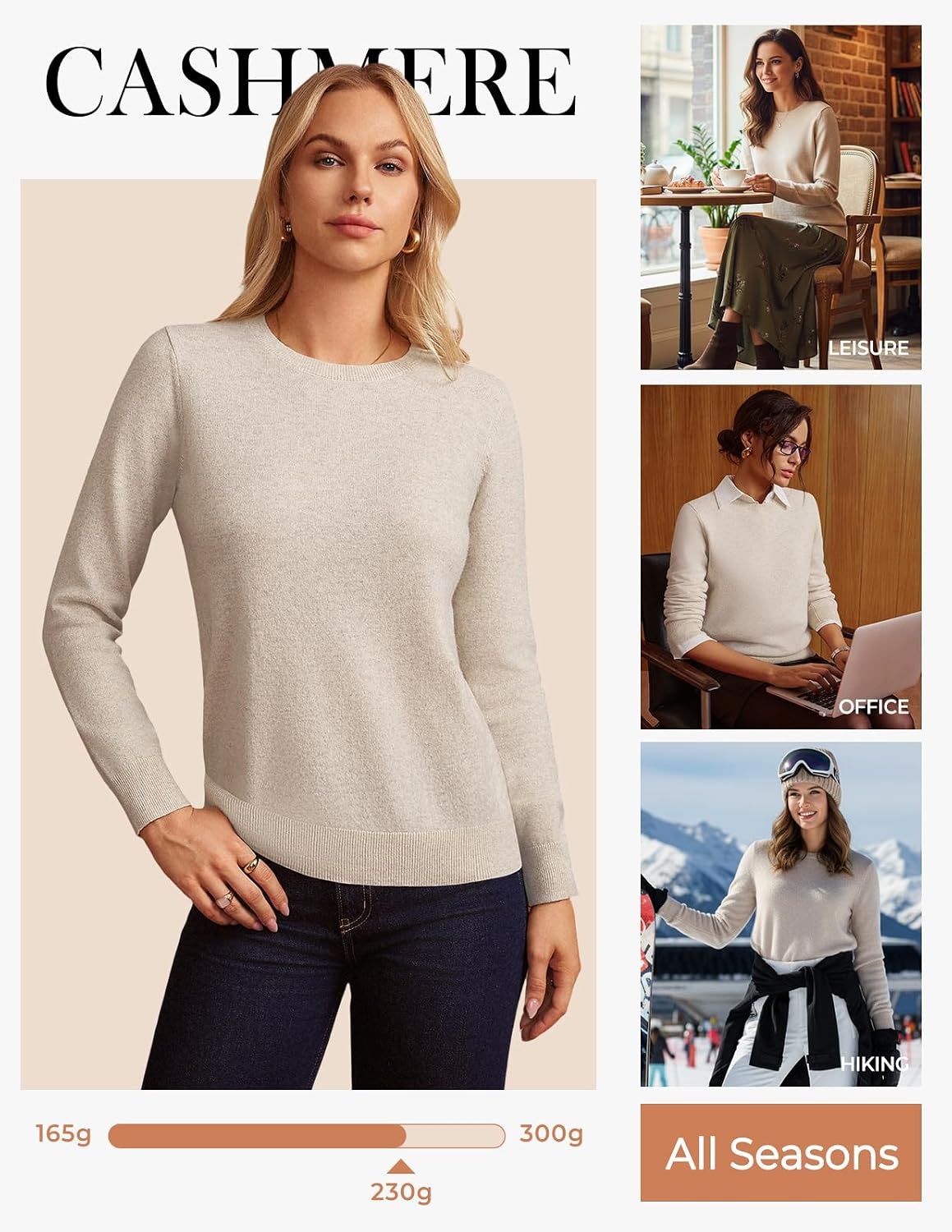 image:imageGRACE KARIN Cashmere Sweaters for Women Lightweight Merino Wool Sweater Cozy Fitted Pullover Fall Fashion 2026 with SocksAlmond