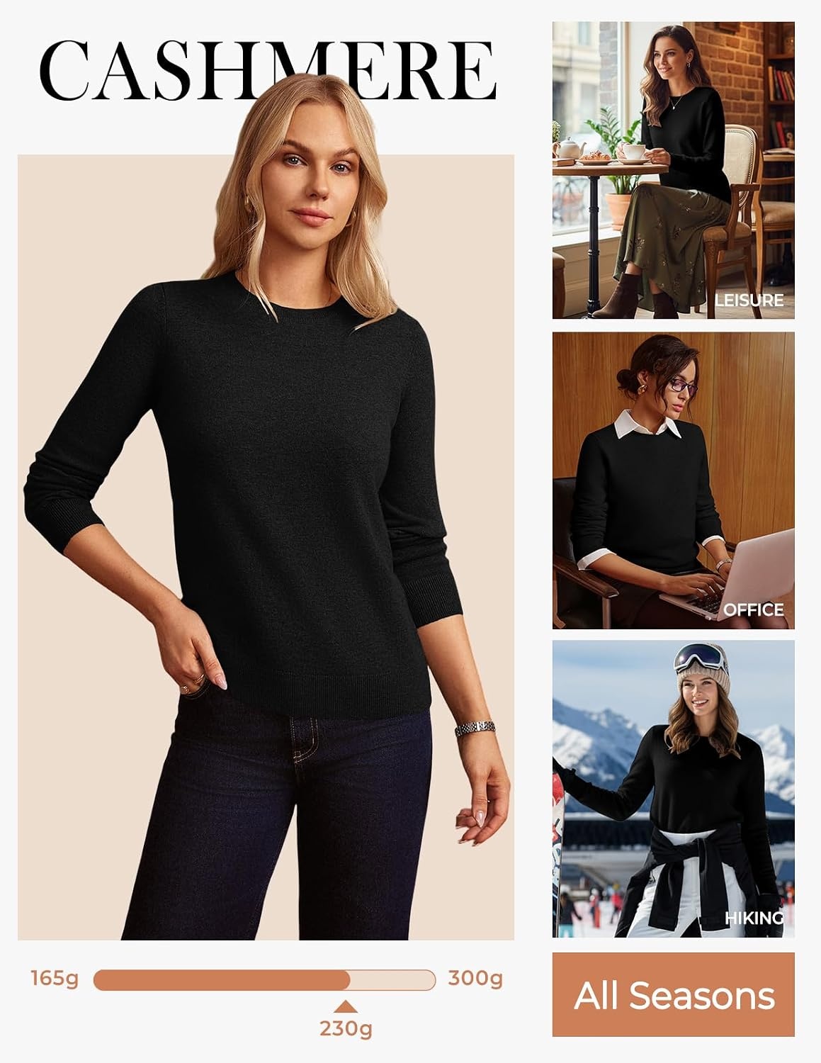 image:imageGRACE KARIN Cashmere Sweaters for Women Lightweight Merino Wool Sweater Cozy Fitted Pullover Fall Fashion 2026 with SocksBlack