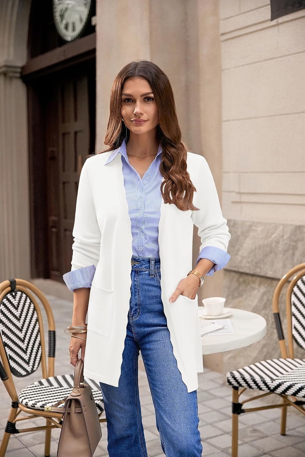image:imageGRACE KARIN Long Cardigan Sweaters for Women Business Casual Fall Outfits Pockets Scalloped Placket Open Front Long Sleeve Business Casual Outfits Knit Teacher Outfits Lightweight Sweater BlazerIvory White