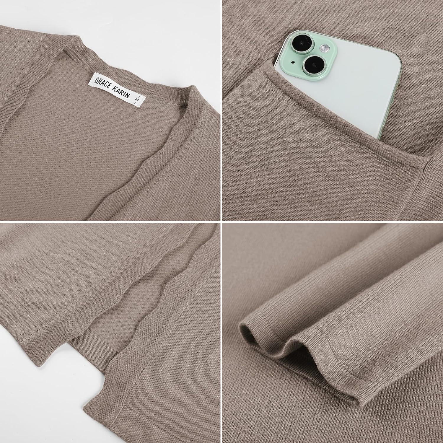 image:imageGRACE KARIN Long Cardigan Sweaters for Women Business Casual Fall Outfits Pockets Scalloped Placket Open Front Long Sleeve Business Casual Outfits Knit Teacher Outfits Lightweight Sweater BlazerTaupe