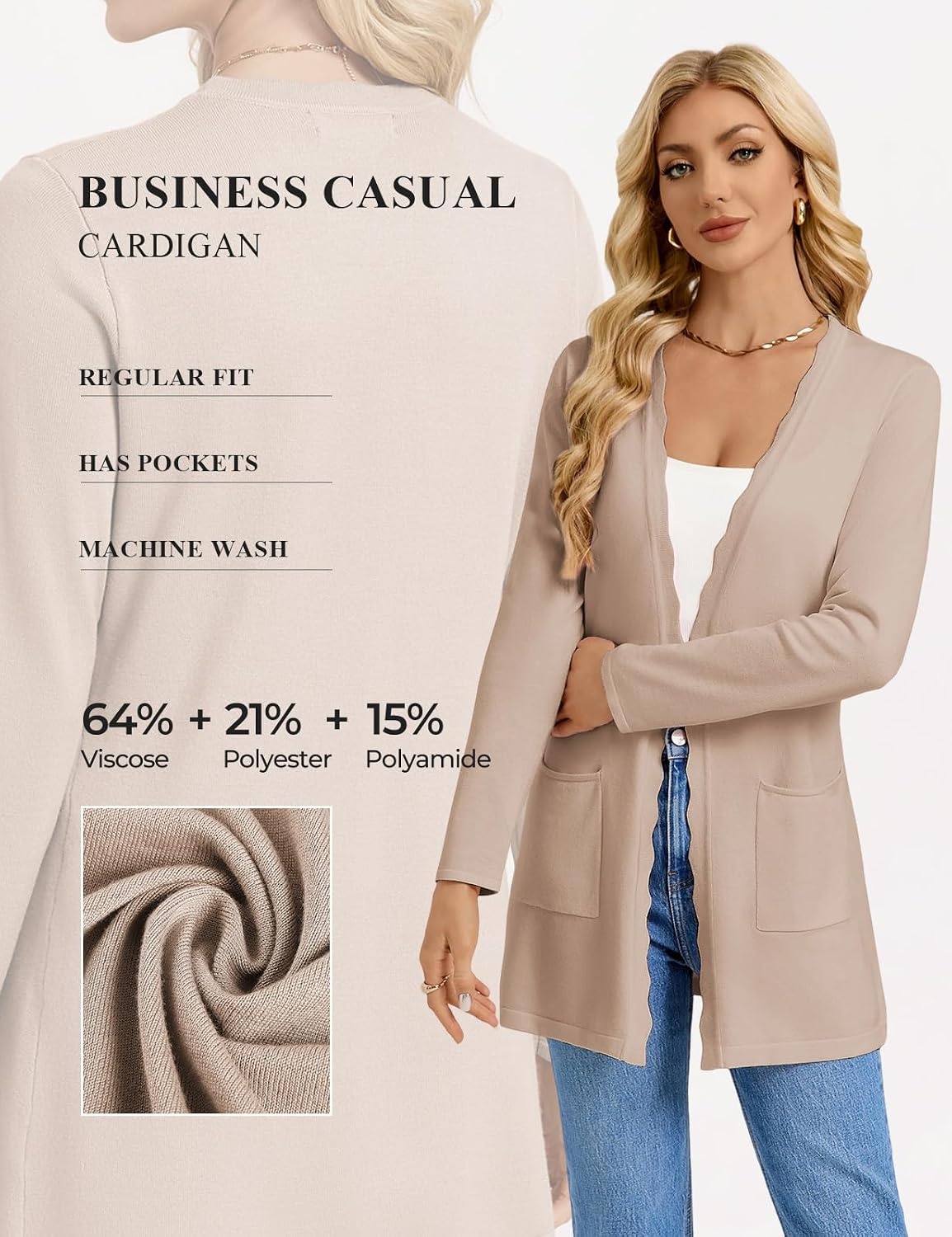 image:imageGRACE KARIN Long Cardigan Sweaters for Women Business Casual Fall Outfits Pockets Scalloped Placket Open Front Long Sleeve Business Casual Outfits Knit Teacher Outfits Lightweight Sweater BlazerKhaki