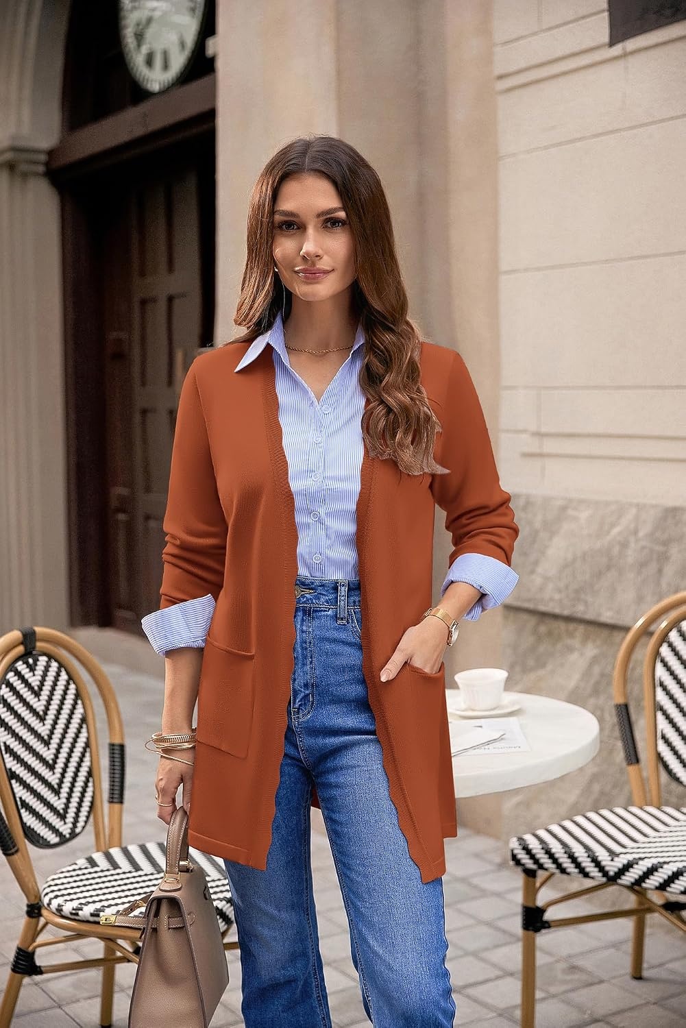 image:imageGRACE KARIN Long Cardigan Sweaters for Women Business Casual Fall Outfits Pockets Scalloped Placket Open Front Long Sleeve Business Casual Outfits Knit Teacher Outfits Lightweight Sweater BlazerPumpkin Orange