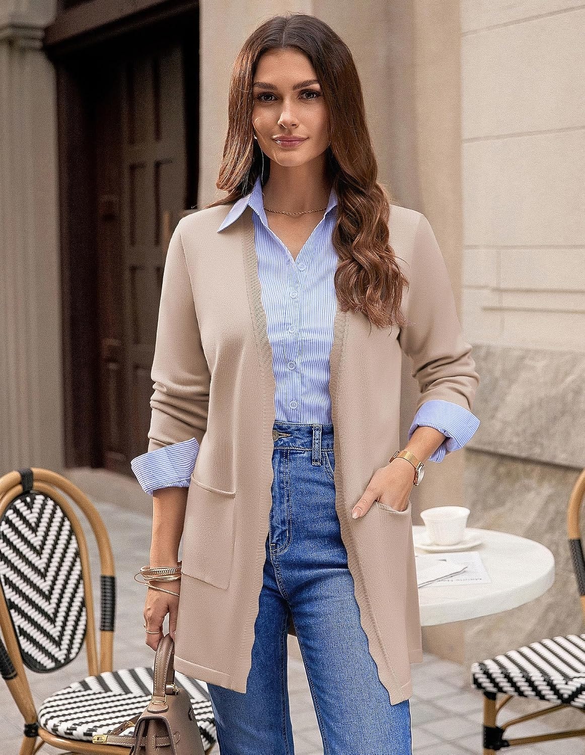 image:imageGRACE KARIN Long Cardigan Sweaters for Women Business Casual Fall Outfits Pockets Scalloped Placket Open Front Long Sleeve Business Casual Outfits Knit Teacher Outfits Lightweight Sweater BlazerKhaki