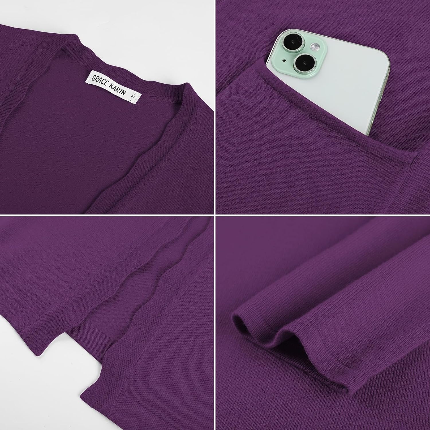 image:imageGRACE KARIN Long Cardigan Sweaters for Women Business Casual Fall Outfits Pockets Scalloped Placket Open Front Long Sleeve Business Casual Outfits Knit Teacher Outfits Lightweight Sweater BlazerPurple
