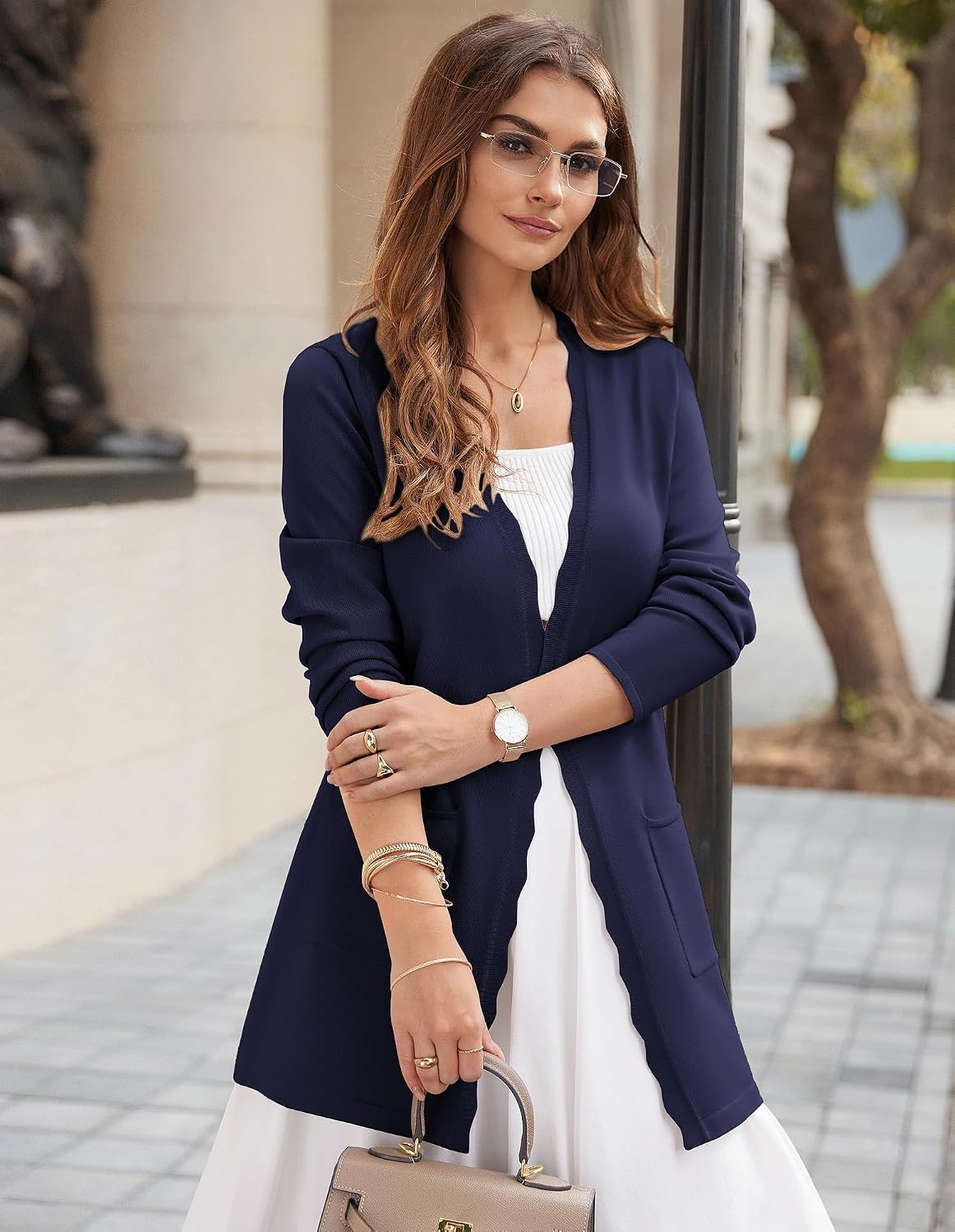 image:imageGRACE KARIN Long Cardigan Sweaters for Women Business Casual Fall Outfits Pockets Scalloped Placket Open Front Long Sleeve Business Casual Outfits Knit Teacher Outfits Lightweight Sweater BlazerNavy Blue