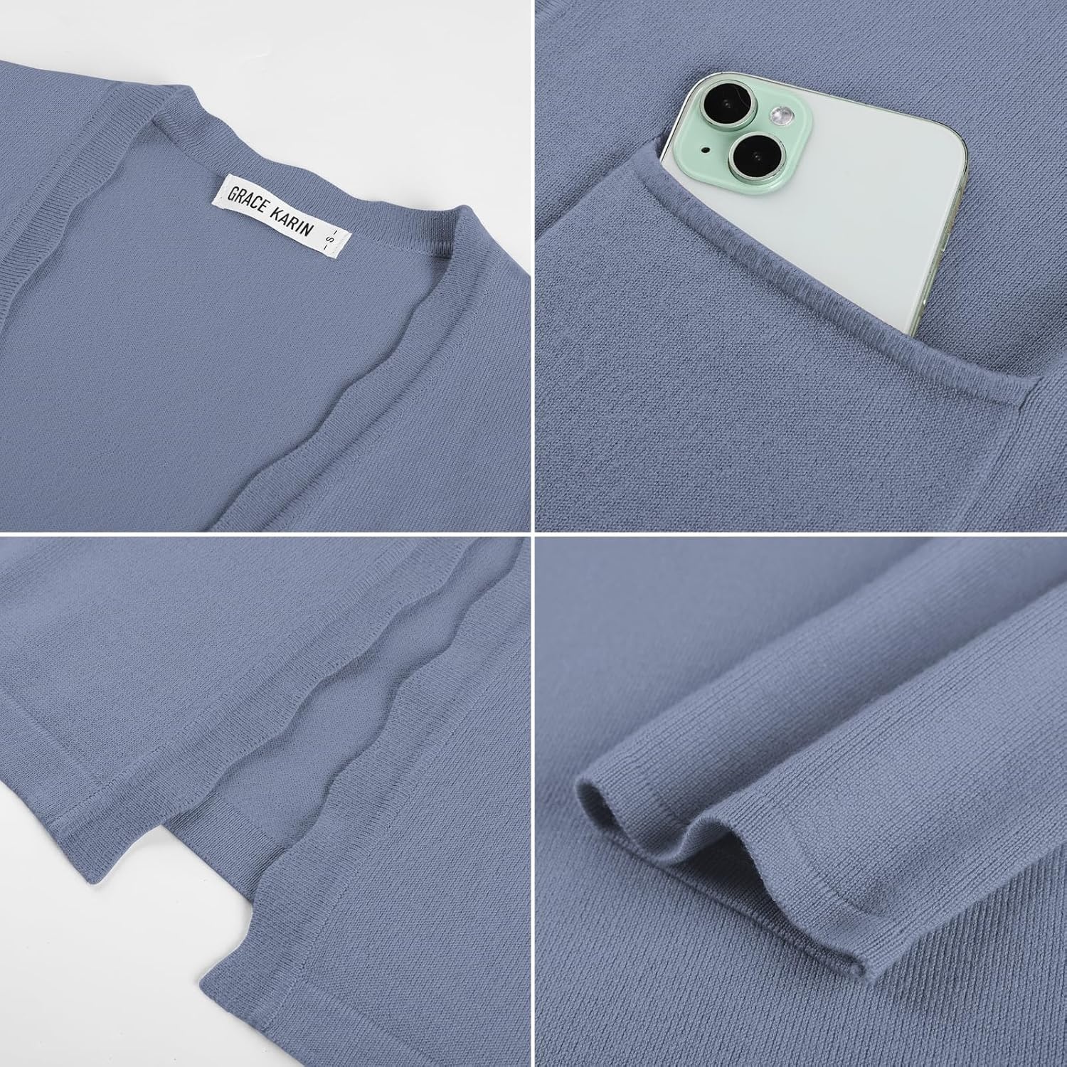 image:imageGRACE KARIN Long Cardigan Sweaters for Women Business Casual Fall Outfits Pockets Scalloped Placket Open Front Long Sleeve Business Casual Outfits Knit Teacher Outfits Lightweight Sweater BlazerGrey Blue